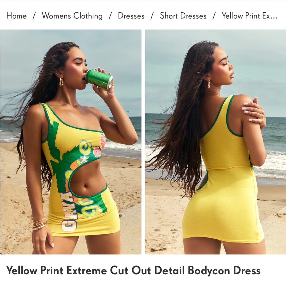 NWT PrettyLittleThing Yellow Print Extreme Cut Out Detail Bodycon Dress. Size 8